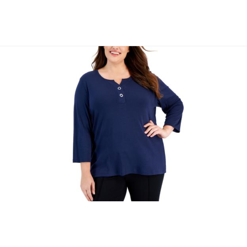 Karen Scott Plus Navy Henley Top - Plus Size 0X - Women's Shirts